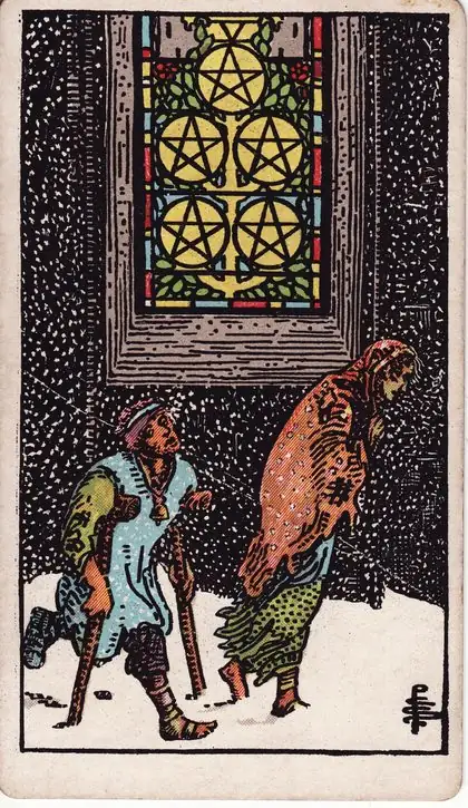 Five of Pentacles in the Rider-Waite-Smith tarot deck