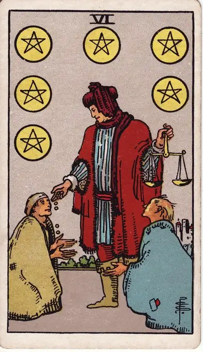 Six of Pentacles in the Rider-Waite-Smith tarot deck