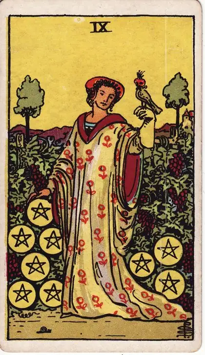 Nine of Pentacles in the Rider-Waite-Smith tarot deck