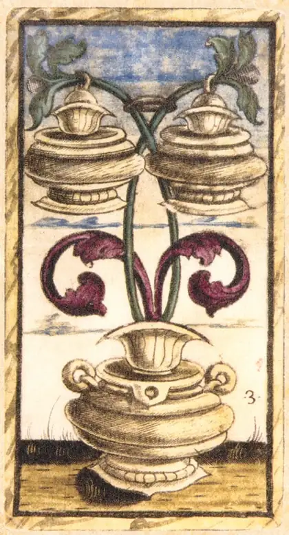 Three of Cups in the Sola Busca tarot deck