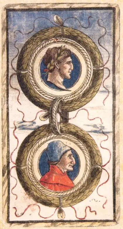 Two of Pentacles in the Sola Busca tarot deck