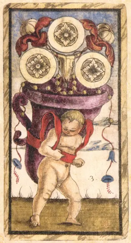 Three of Pentacles in the Sola Busca tarot deck