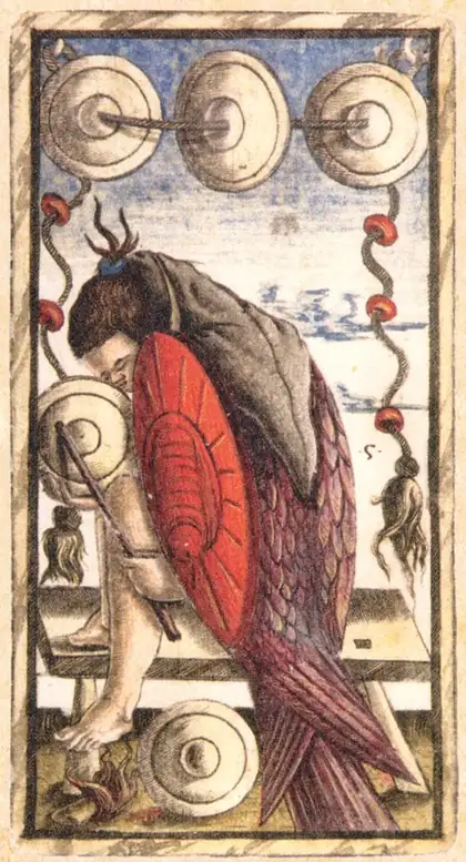 Five of Pentacles in the Sola Busca tarot deck
