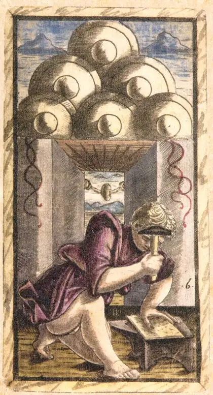 Six of Pentacles in the Sola Busca tarot deck