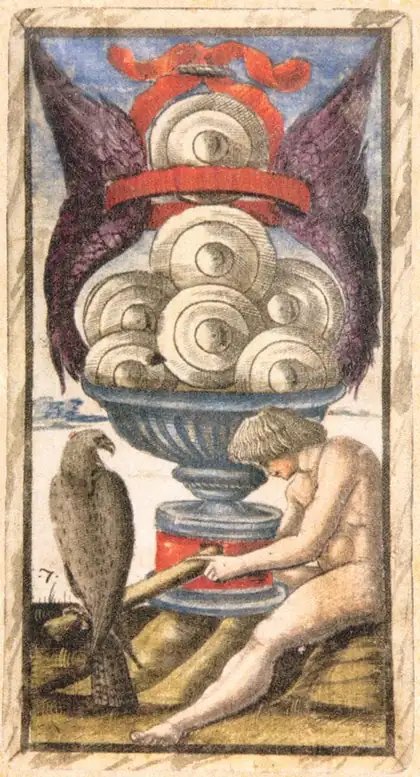 Seven of Pentacles in the Sola Busca tarot deck