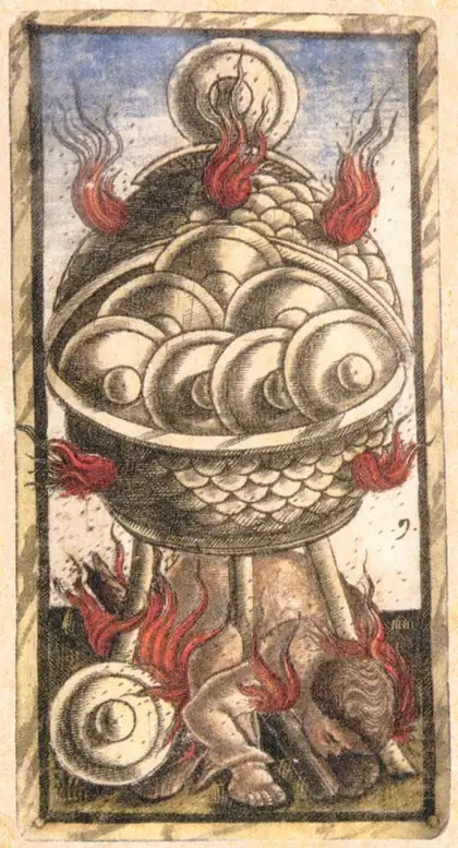 Nine of Pentacles in the Sola Busca tarot deck