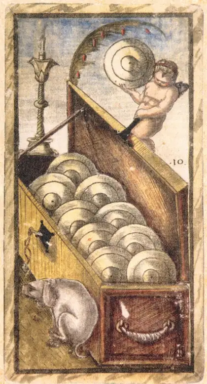 Ten of Pentacles in the Sola Busca tarot deck