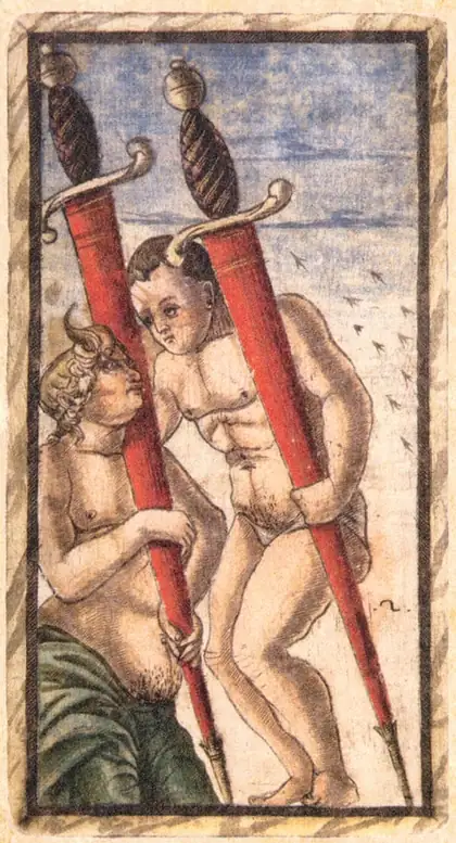 Two of Swords in the Sola Busca tarot deck