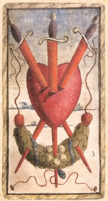 Three of Swords in the Sola Busca tarot deck