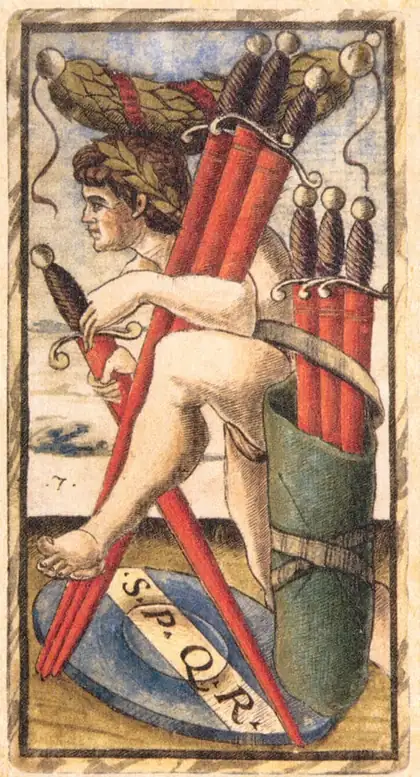 Seven of Swords in the Sola Busca tarot deck