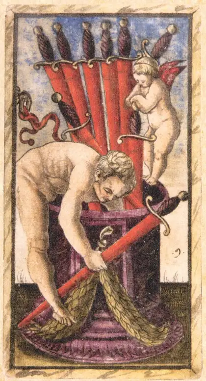 Nine of Swords in the Sola Busca tarot deck