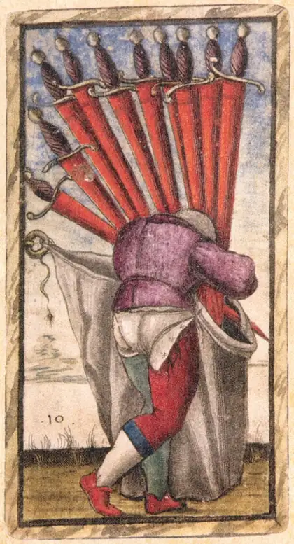 Ten of Swords in the Sola Busca tarot deck