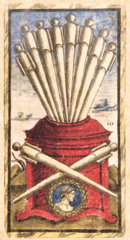 Ten of Wands in the Sola Busca tarot deck